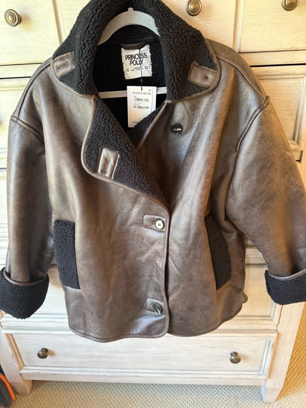 Princess Polly Brown Faux Leather Shearling Jacket with Black Trim